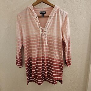 Chaps Ombre Pink and White Striped Lace-Up Hooded Top Size L